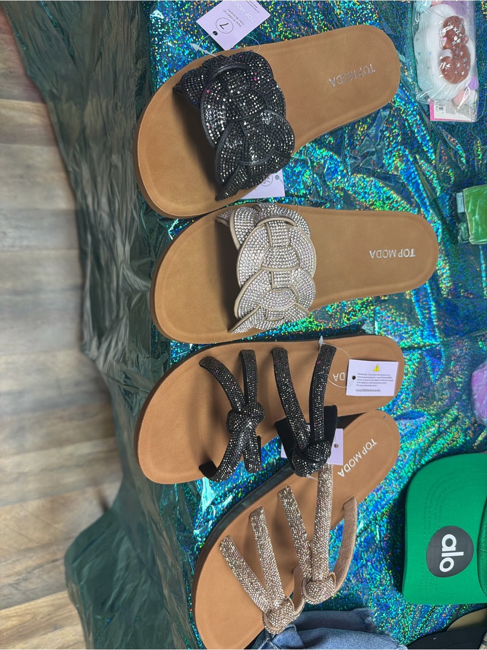 TOP Moda Black and Silver Rhinestone Slide Sandals